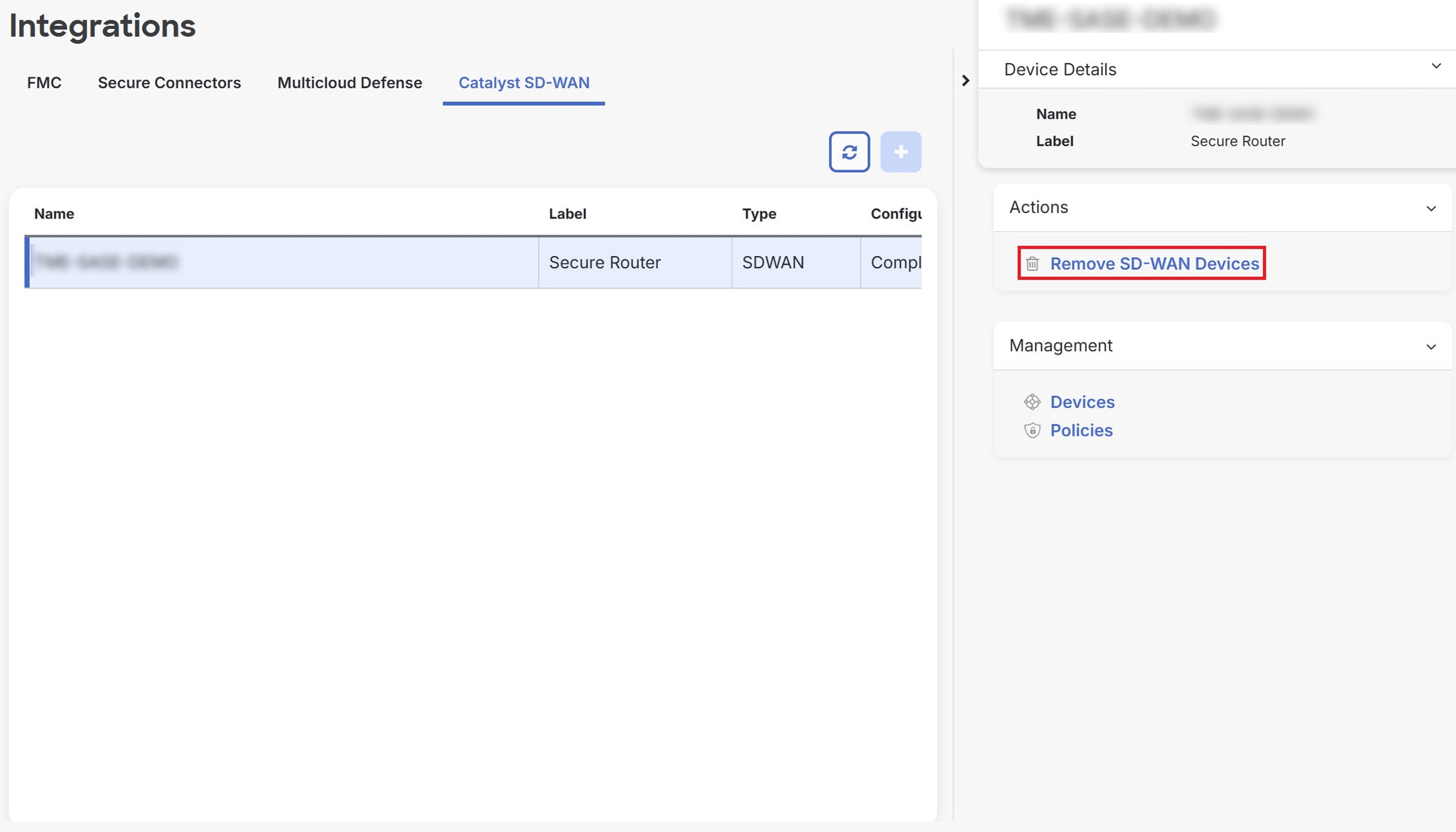 Screenshot of the Integrations page showing the Remove SD-WAN Devices button.