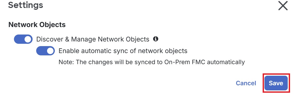 Settings menu displaying Network Objects discovery and automatic sync options are enabled. A Save button is also visible.
